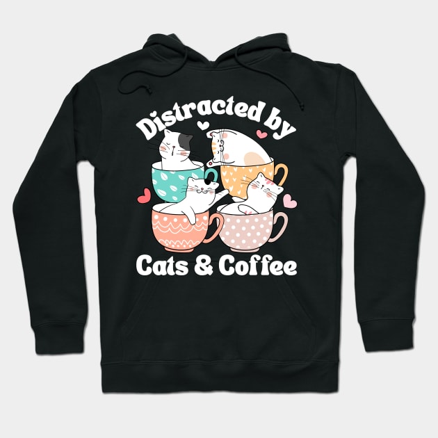 Distracted by Cats & Coffee Cat Lover Cute Mugs Kawaii Mom Hoodie by DetourShirts